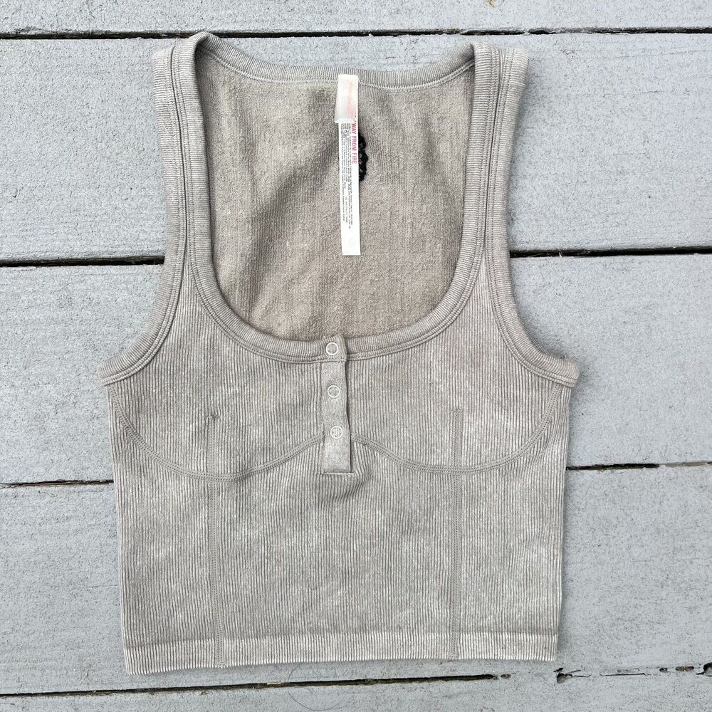 Fp Movement Ribbed Crop Henley Cami Top Tan-Size XS/S
